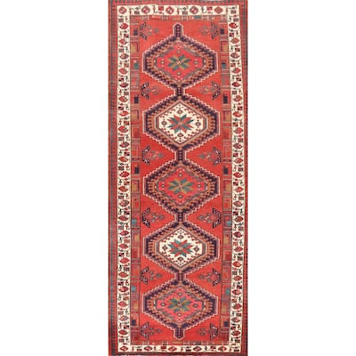 Geometric Ardebil Persian Vintage Runner Rug Handmade Wool Carpet - 3'7"x 10'7"