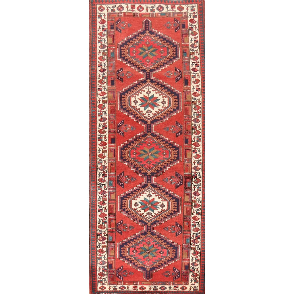 Geometric Ardebil Persian Vintage Runner Rug Handmade Wool Carpet - 3'7"x 10'7"