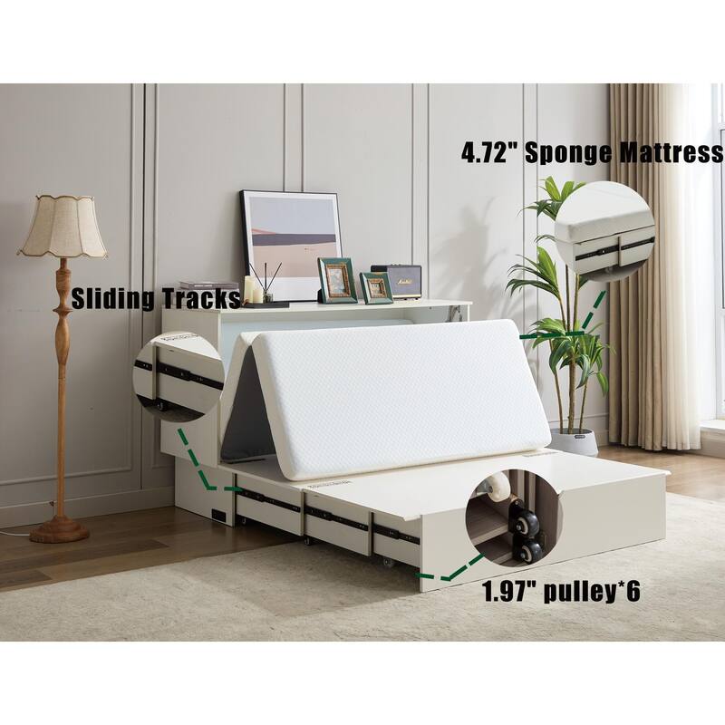 Queen Size Murphy Bed Cabinet with Storage Drawer, Folding Foam Mattress, USB & AC Charging Ports, and Smooth Glide Mechanism