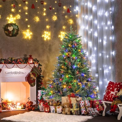 5/6/7 FT Pre-Lit Christmas Tree Hinged w/ Colorful Lights& Branch Tips