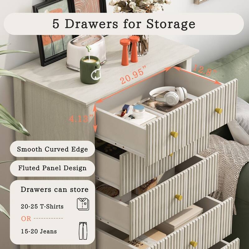 Modern Fluted 5 Drawer Dresser with Metal Handles for Stylish Bedroom Organization and Storage