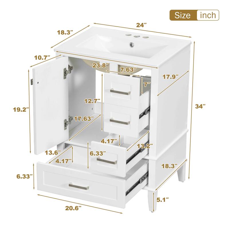 24.8" Bathroom Vanity with Ceramic Sink, Modern Freestanding Cabinet Featuring Soft-Close Door, Deep Drawer