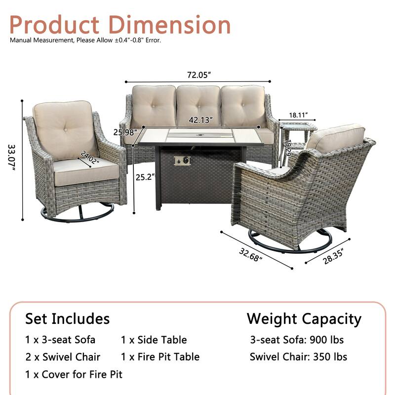 HOOOWOOO 5-piece Wicker Outdoor Furniture Swivel Chairs Set with Fire Pit