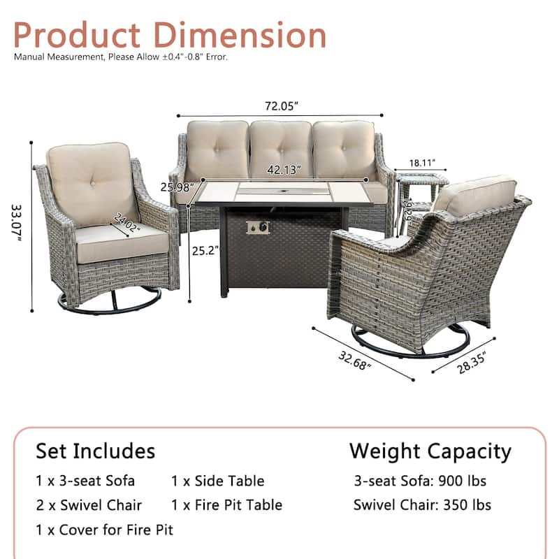 HOOOWOOO 5-piece Wicker Outdoor Furniture Swivel Chairs Set with Fire Pit
