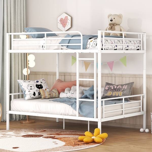 slide 2 of 9, Minimalist Design Full Over Full Metal Bunk Bed with Ladder,Streamlined Frame and Full Length Gridded Guardrails White