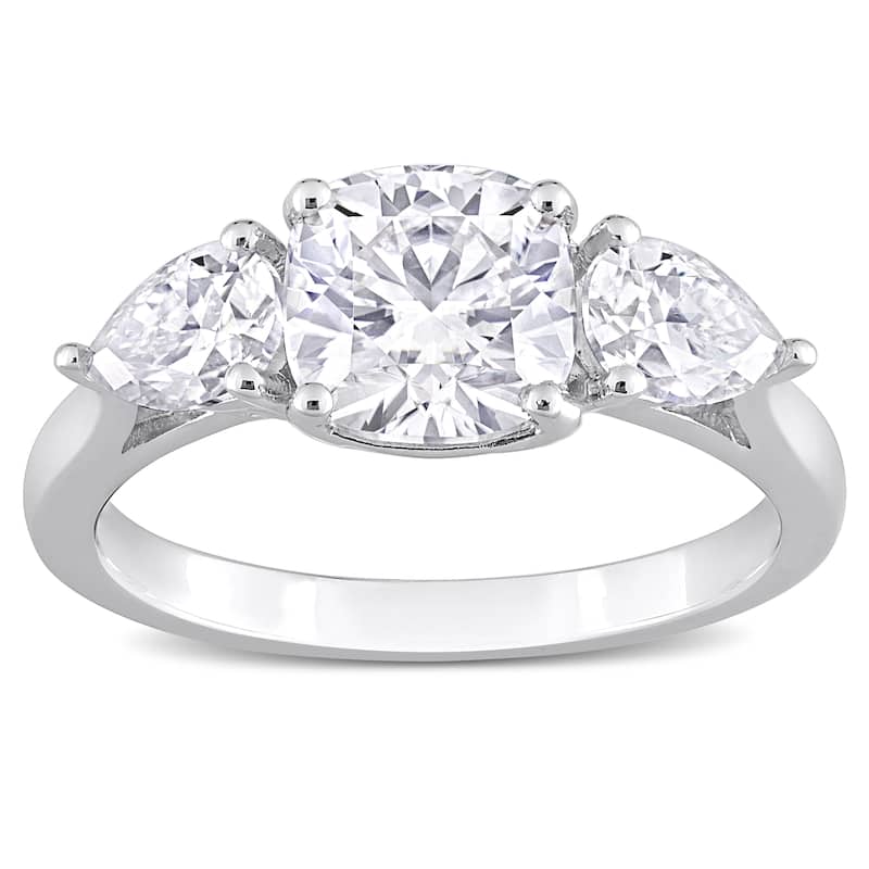 Miadora 3ct DEW Cushion-Cut and Pear Created Moissanite 3-Stone Ring in Sterling Silver