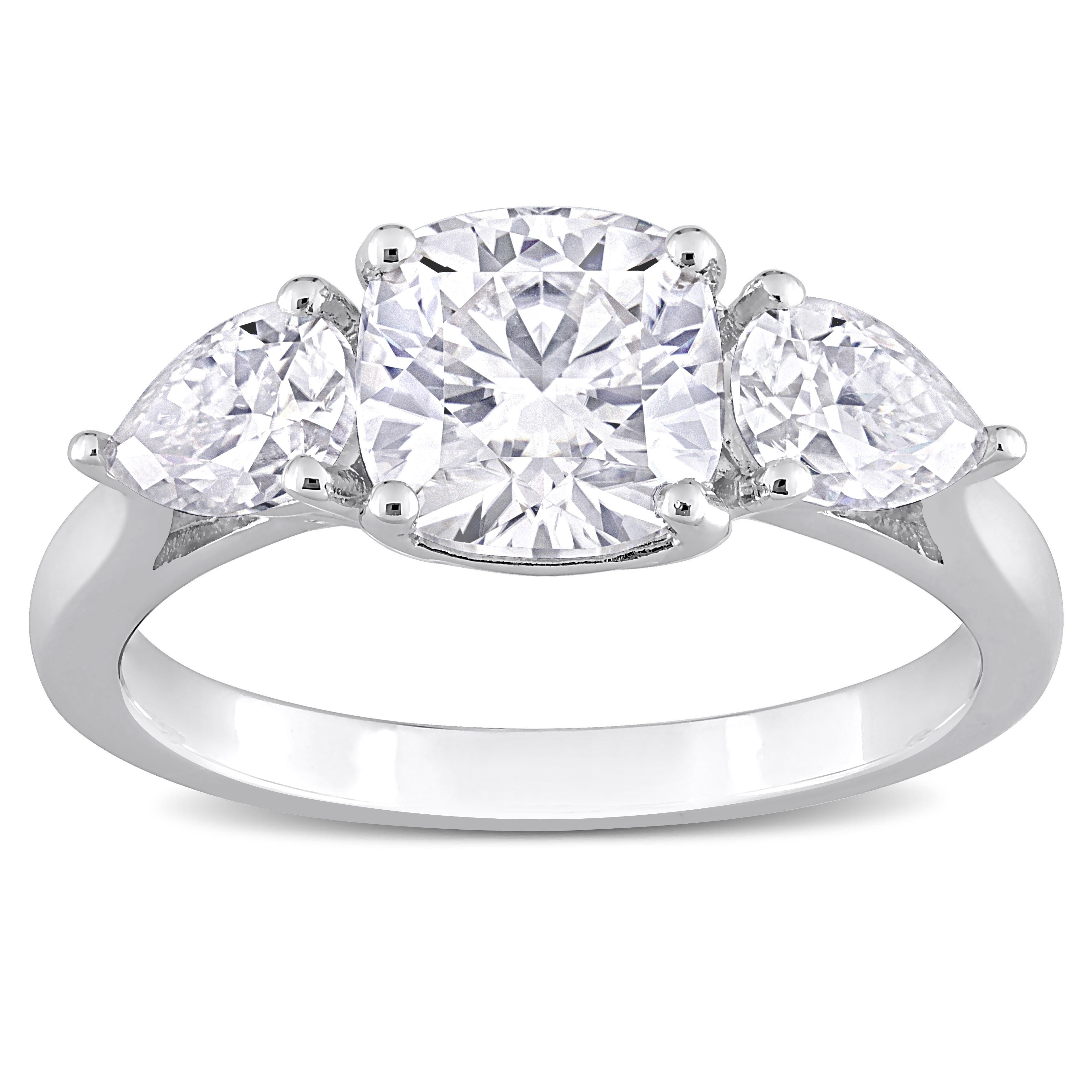 Miadora 3ct DEW Cushion-Cut and Pear Created Moissanite 3-Stone Ring in Sterling Silver