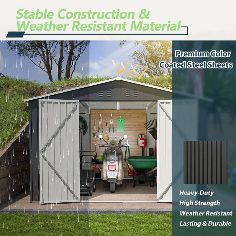 Large Outdoor Metal Storage Shed Garden Shed Tool Shed with Lockable Double Doors & Weather-Resistant, Air Vents