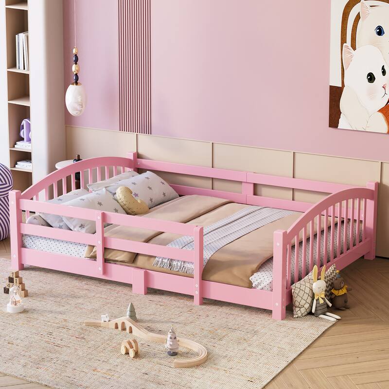 Roomfitters Montessori Floor Bed with Guardrails, Solid Wood Low Platform Bed with Slats, Easy Assembly - Pink - Full