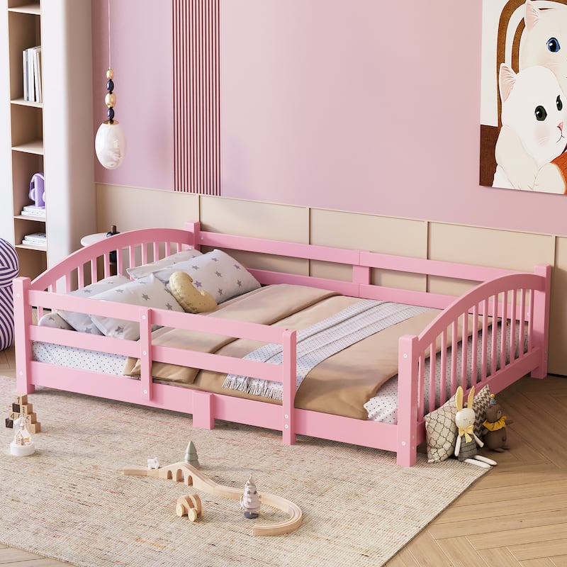 Solid Wood Floor Bed Montessori Bed with Safety Guardrails Without Door