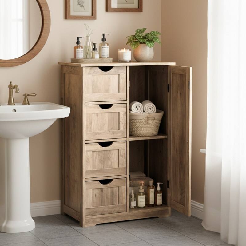 Black Bathroom Storage Cabinet with 4 Drawers and 1 Door