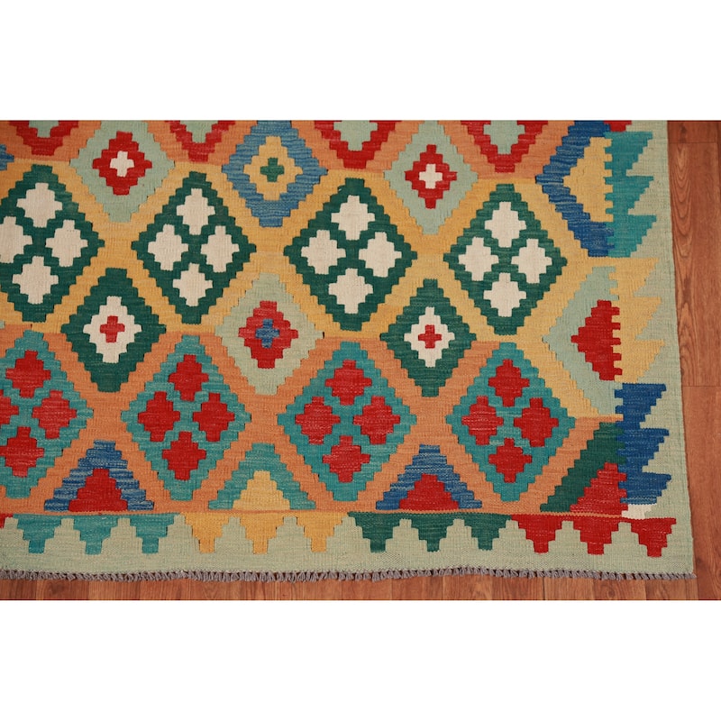 Hand Woven Oriental 100% Wool Carpet Southwestern Geometric Multi-Colored Kilim Area Rug - 8' 3'' X 5' 7''