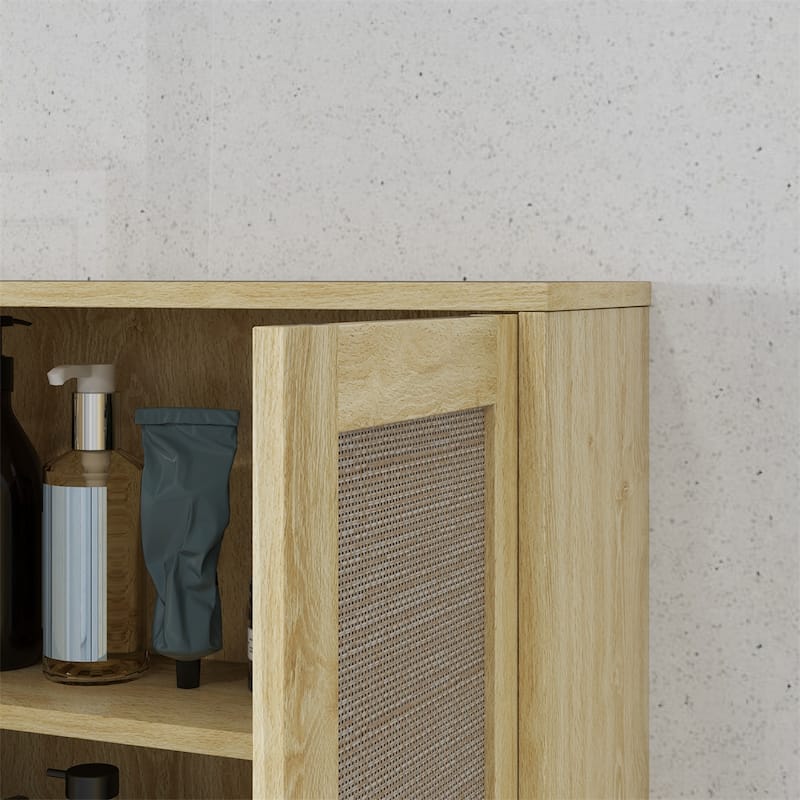 Distressed Oak Particleboard Wall Cabinet with Rattan Doors and Shelves - 23.2" W x 7.9" D x 26.2" H