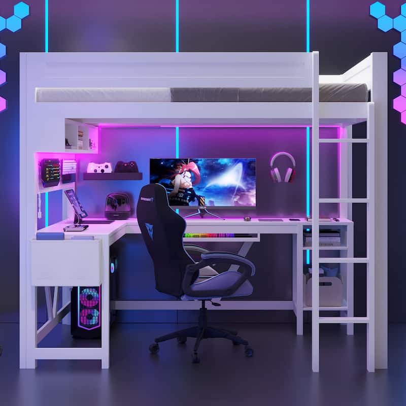 Full Size Gaming Loft Bed Multifunctional Gaming Bed with Built-in Desk and RGB Setup, Charging Station and Storage Shelves