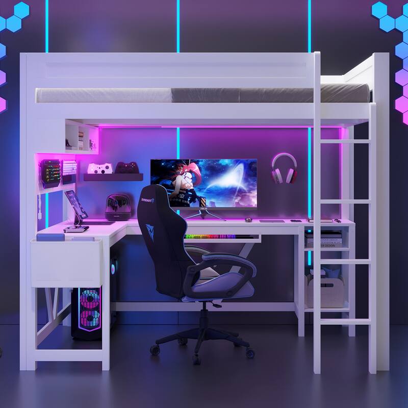 Full Size Gaming Loft Bed with Desk, Storage Shelves, LED Lights, and Charging Station in White