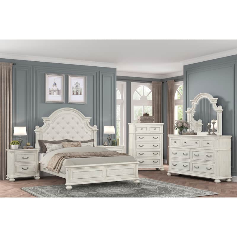 Roundhill Furniture Nelson French Traditional 6-Piece Bedroom Set, Antique White - Queen