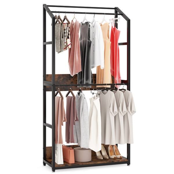 2Tier Rod Closet Organizer Garment Rack Clothes Storage Hanger Shelf Hooks Black 2Tier Rod Closet Organizer Garment Rack Clothes Storage Hanger Shelf Hooks Black