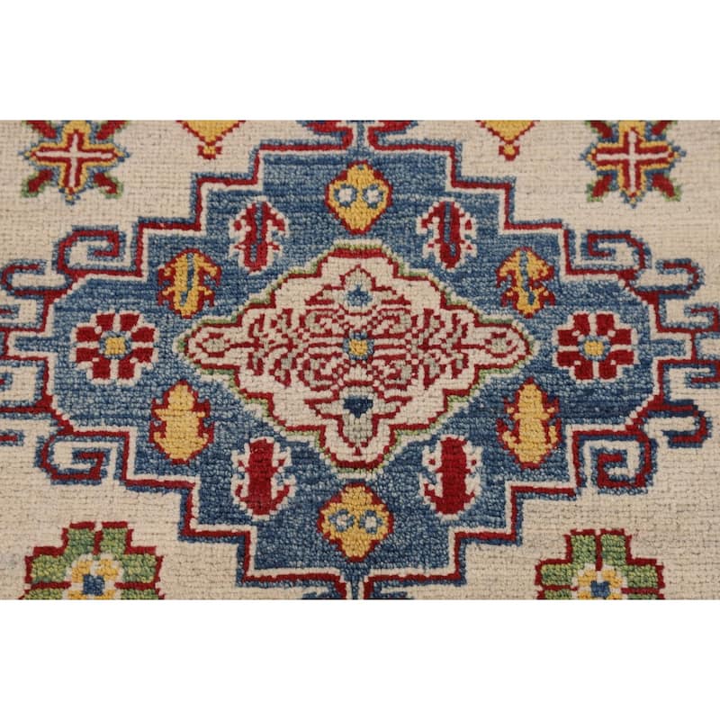 Beige Geometric Kazak Oriental Area Rug Hand-Knotted Wool Carpet - 5'1" x 6'6"
