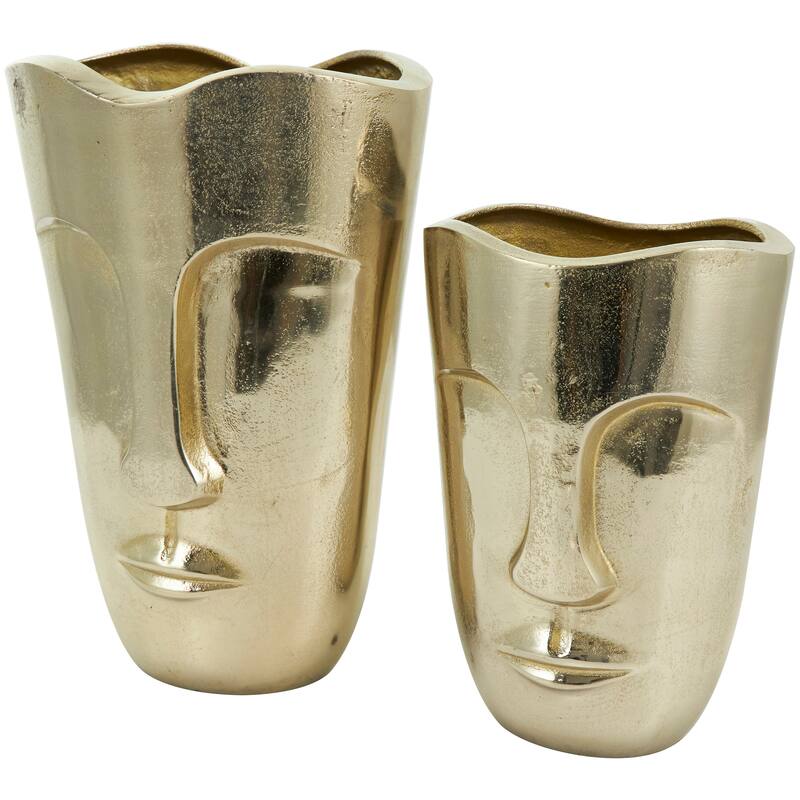 Gold Aluminum Metal Face Decorative Vase with Abstract Details (Set of 2)