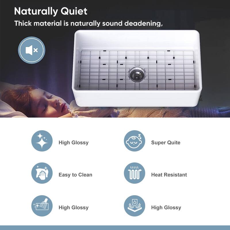 HOROW White Fireclay 33 in. L x 18 in. W Rectangular Single Bowl Farmhouse Apron Kitchen Sink with Grid and Strainer