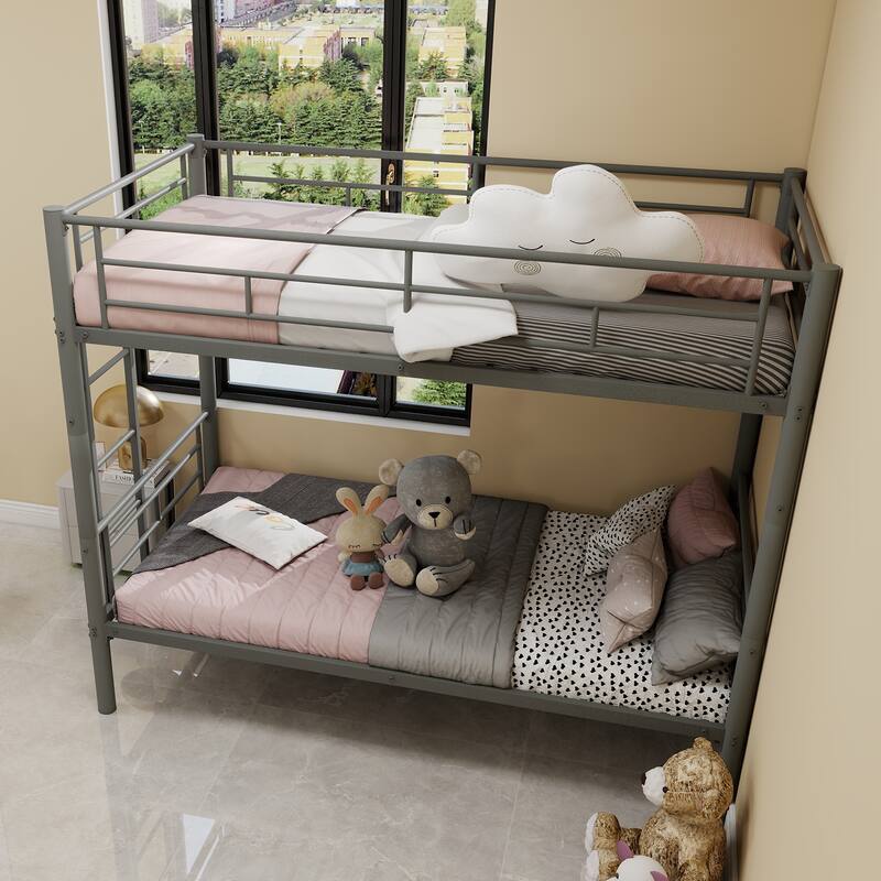 Twin Over Twin Metal Bunk Bed with Ladder and Guardrail, Convertible to 2 Separate Beds, No Box Spring Required - Silver