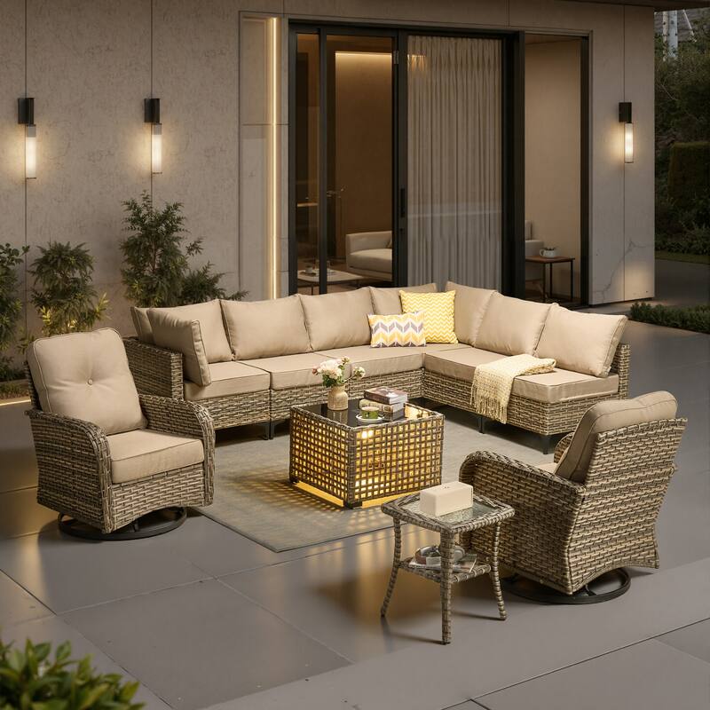 HOOOWOOO 10-piece Patio Wicker Furniture Sectional Set Swivel Rocking Chair Set - Beige