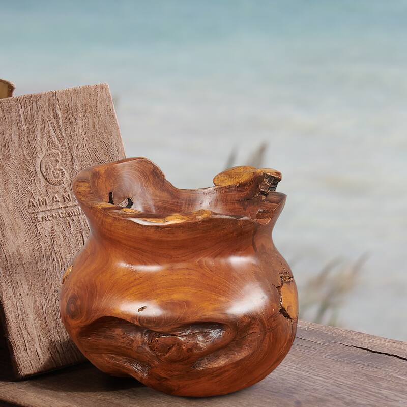 Teak Wood Handmade Decorative Cowak Vase Gentong - 11.81"x11.81"x9.84"