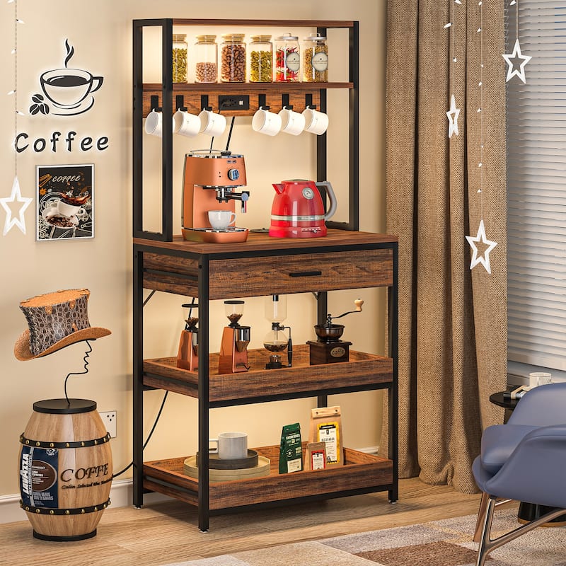 5-Tier Kitchen Bakers Rack with 4 Power & USB Outlets, Microwave Stand with Drawers and Shelves