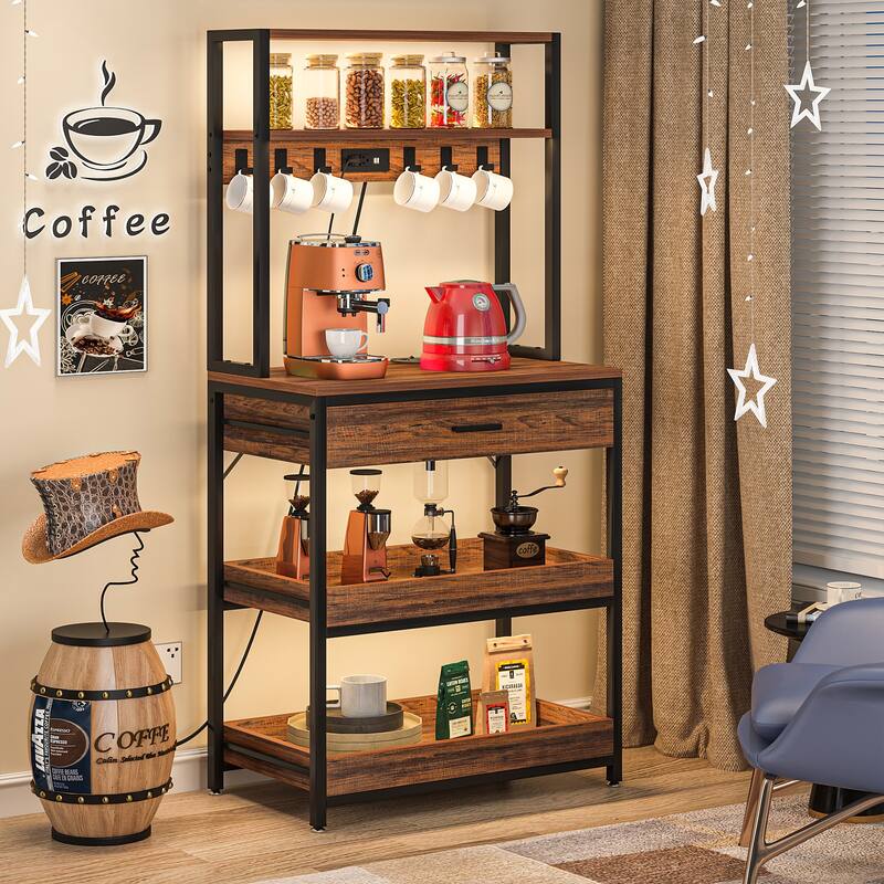 5-Tier Kitchen Bakers Rack with 4 Power & USB Outlets, Microwave Stand with Drawers and Shelves