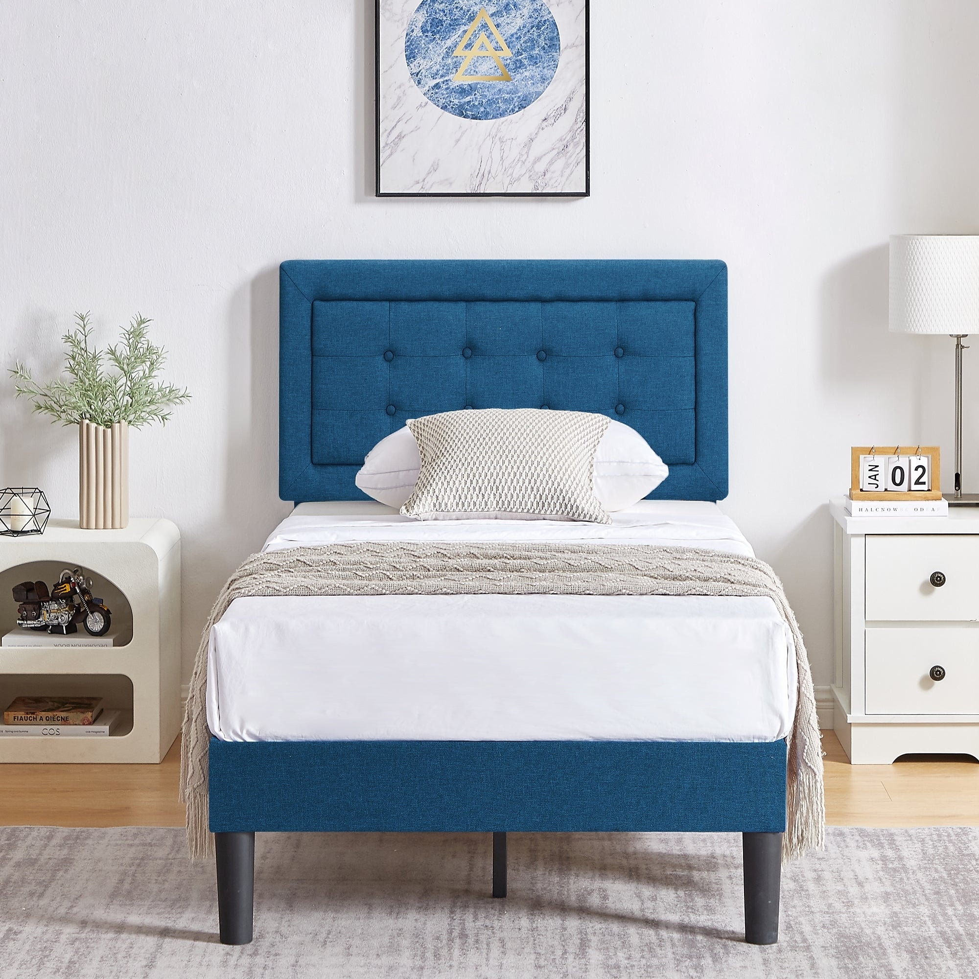 Javlergo Modern Upholstered Platform Bed Frame with Height Adjustable Tufted Headboard