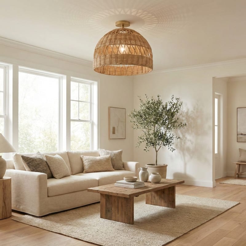 Radiant Rattan Flush Mount Rattan Natural 1-Light Handwoven Ceiling Light for Bedroom or Living Room in Farmhouse, Country Style