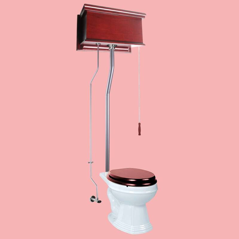Cherry Wooden High Tank Toilet Flat Tank, Elongated White Bowl and Satin Plated L Pipe