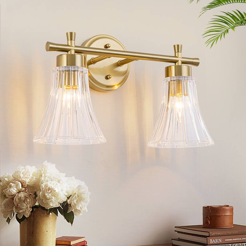 Gold Metal Wall Sconce Ribbed Trumpet Glass Shade for Bathroom Vanity - 2-Light