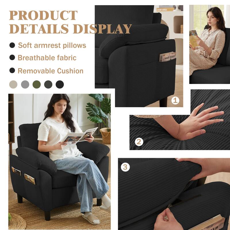 79.72" Corduroy 3 Pieces Living Room Sets Including Sectional Sofa with Storage Ottoman & Side Pockets & Armchair Set