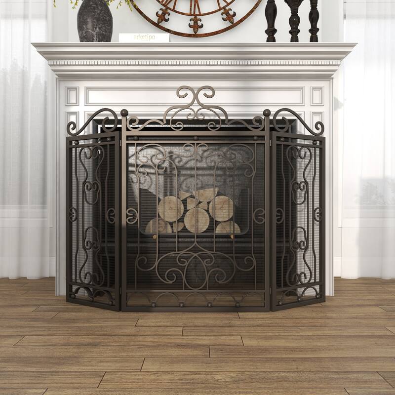 Metal Scroll Foldable Mesh Netting 3 Panel Fireplace Screen - Dark Brown - Roche River Decor