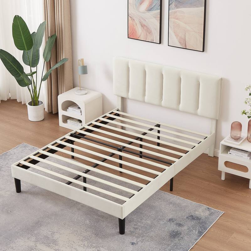 VECELO 3-Pieces Tufted Upholstered Beige Platform Bed Frame with Adjustable Height Headboard and Nightstands Set of 2