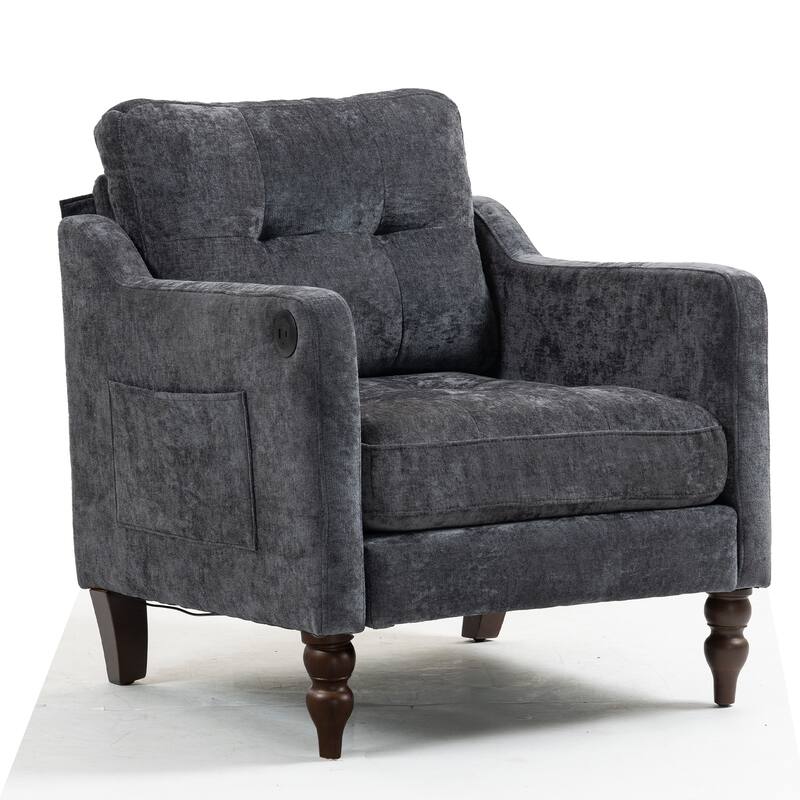 Chenille Accent Chair with USB Port, Ergonomic Upholstered Armchair, Lounge Reading Chair with Side Pocket & Wooden Legs