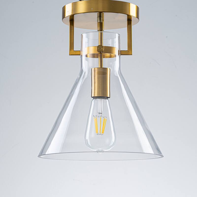9.8" 1-Light Mid-Century Modern Brushed Brass Semi-Flush Mount Ceiling Light with Clear Cone Glass Shade for Hallway or Bedroom