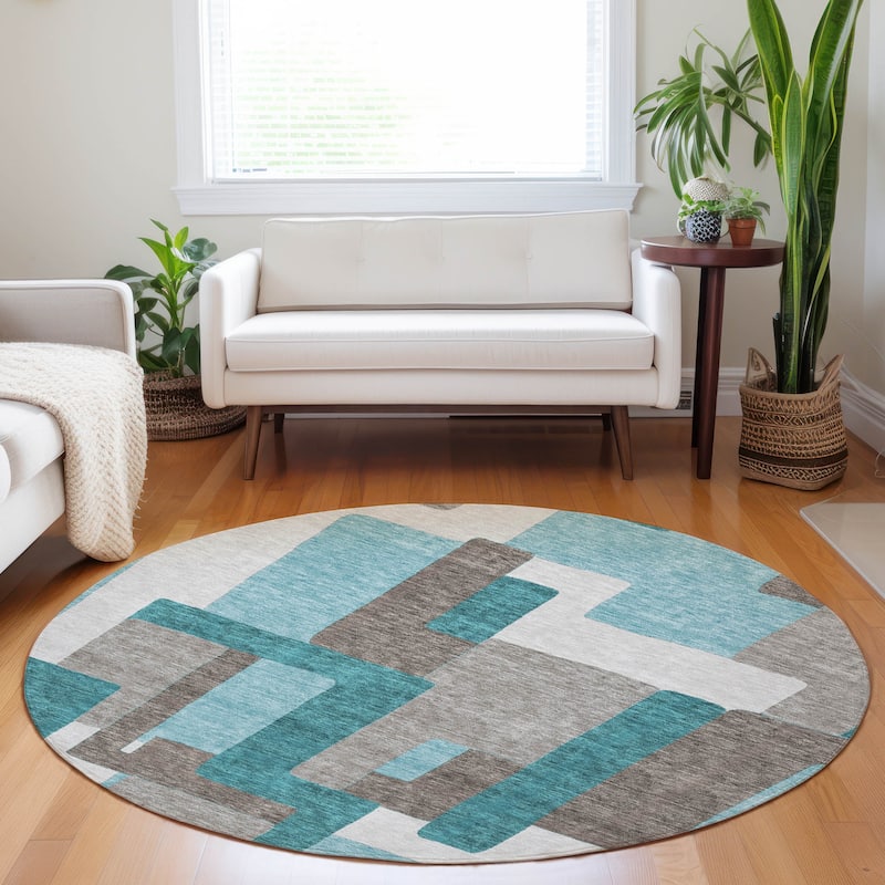 Premium Washable Super Soft Modern Geo Mayfield Rug - Teal - 8' x 8' - Round