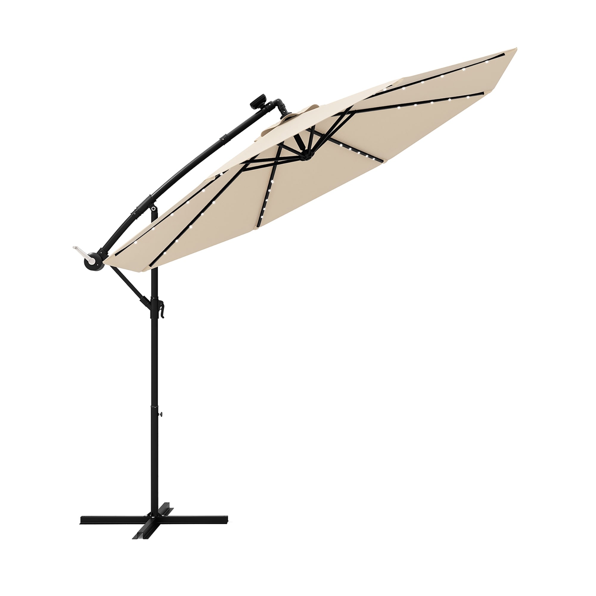 10 FT Patio Offset Umbrella w/Solar Lights & 8 Ribs & Cross Base