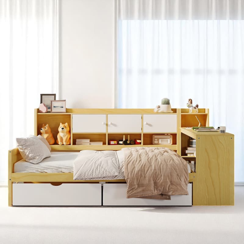 Space-Saving L-Shaped Daybed with Seven Storage Cabinets, Two Drawers, and Adjustable Study Desk