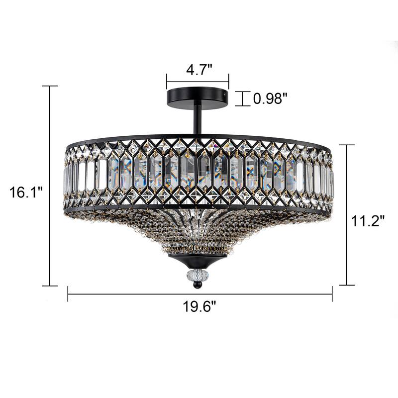 6 Light Matte Black Crystal Semi Flush Mount Ceiling Light Fixture - W19.6"