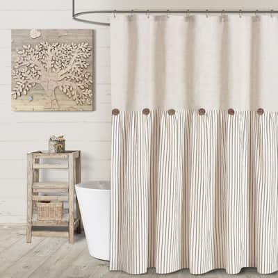 Linen Button Farmhouse Shower Curtain, Beige Cotton Woven, 72x72 Inch