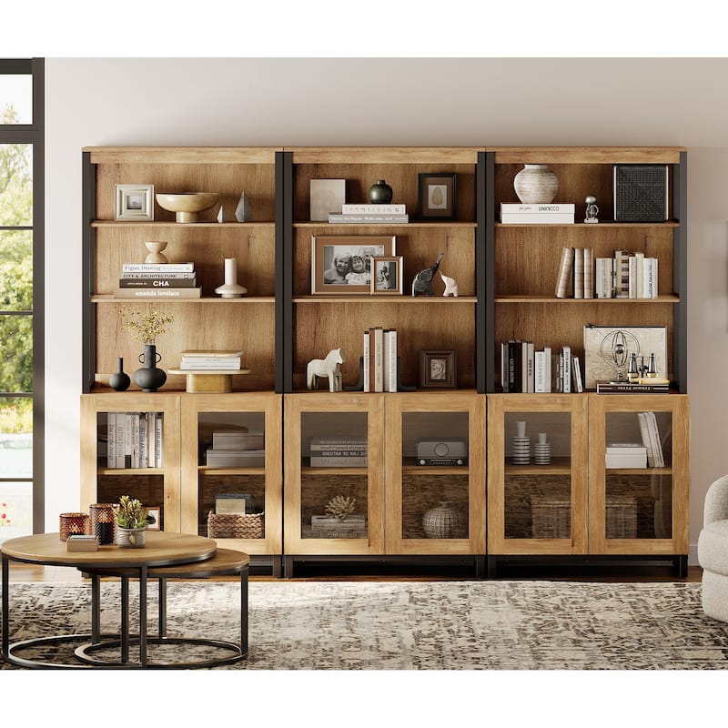 3 PCS Modern 72" Tall Bookcases with Glass Doors and Adjustable Shelves for Home Office, Living room. - 7'9" x 9'9" - Oak