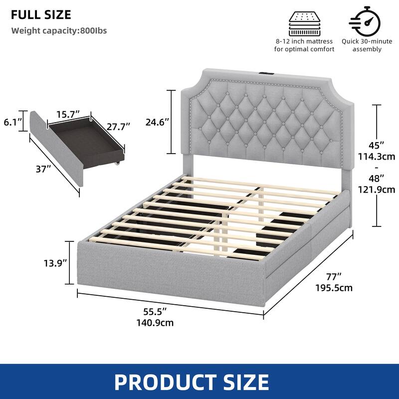 Moasis Velvet/Linen Upholstered Bedframe with Adjustable Headboard and 4 Storage Drawers