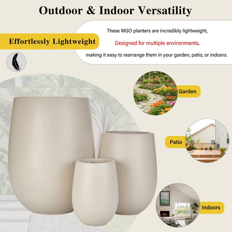 Lightweight Round MGO Outdoor Planter Set-3 Sizes (15.6"/10.74"/7.3"),Large Outdoor Indoor Flower Pots with Drainage Hole