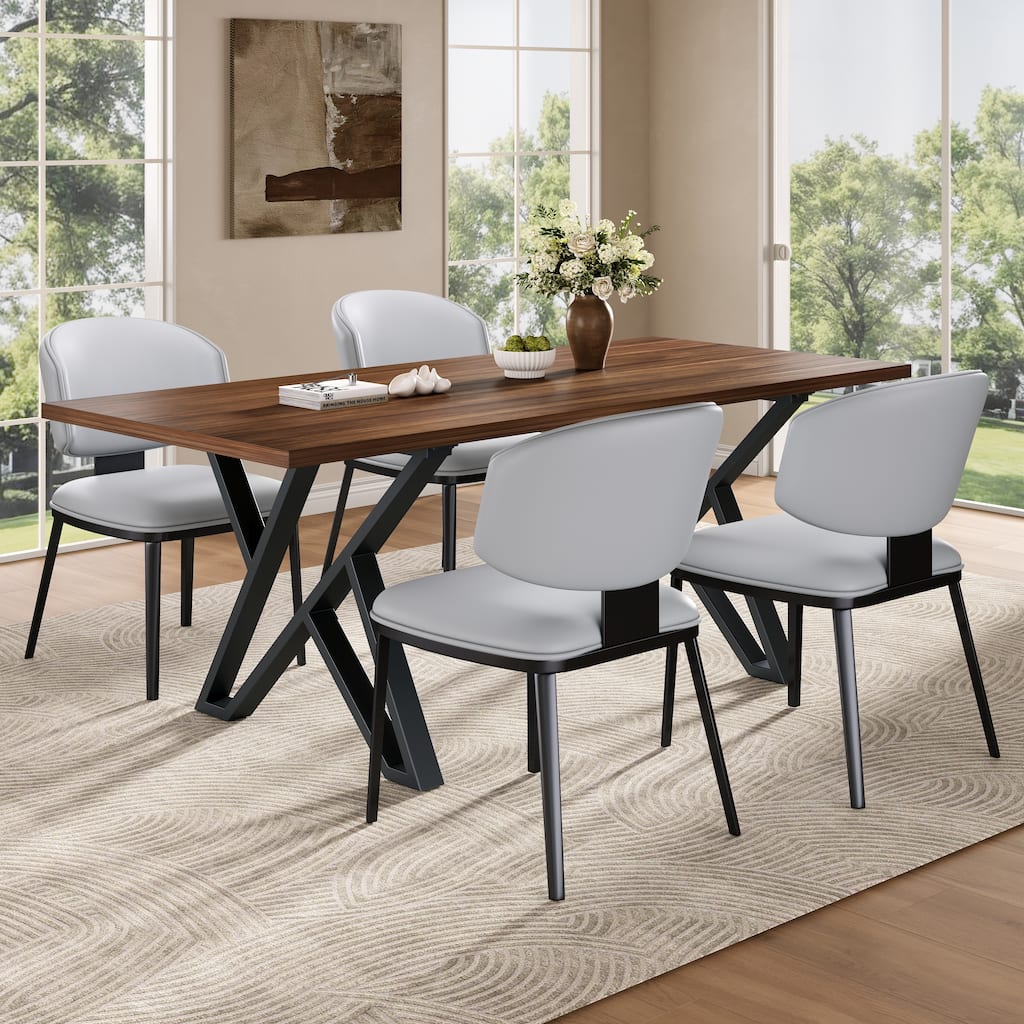 Roomfitters Dining Set Modern Double Pedestal Table Faux Leather Metal Chairs, 59 Inch