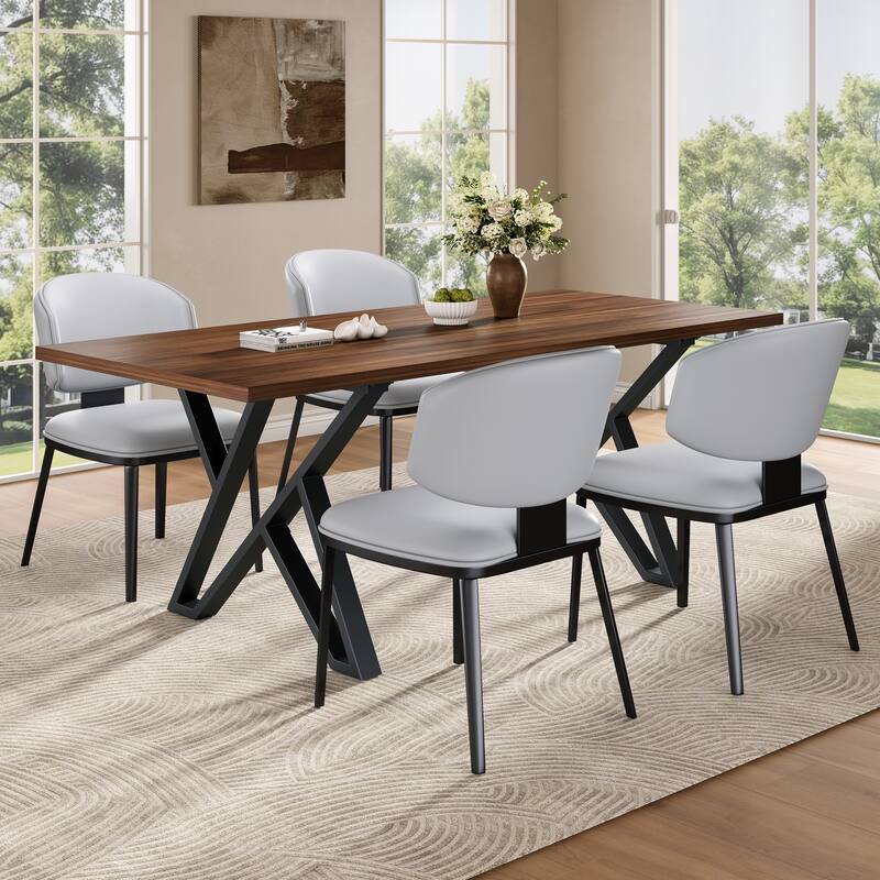 Rustic Dining Table Set with 4 Gray Upholstered Chairs and Dining Table - Black Gray Walnut