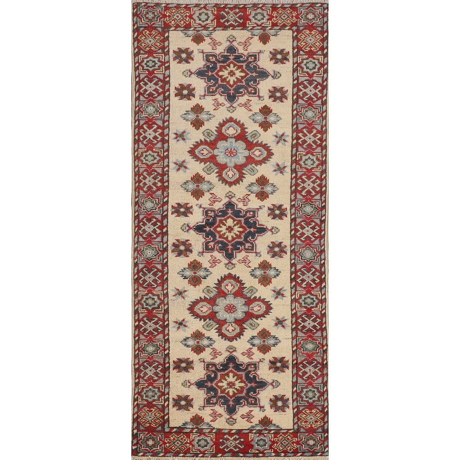 Geometric Kazak Oriental Runner Rug Hand-Knotted Hallway Wool Carpet - 2'0" x 5'10"
