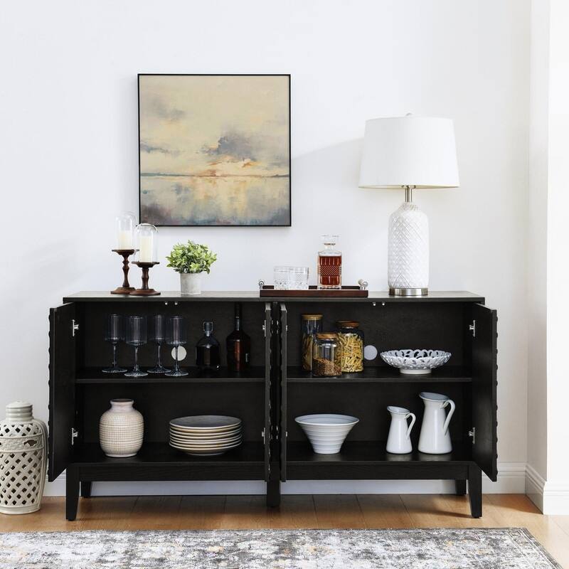 Farmhouse 60.5" Buffet Cabinet with Adjustable Shelves and Geometric Pattern for Stylish Storage Solutions